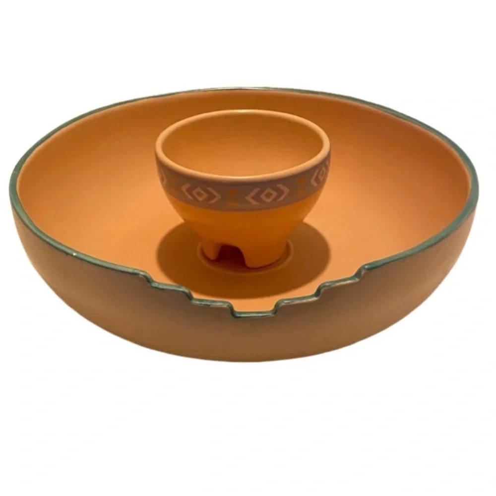 Treasure Craft Southwestern Style Chip and Dip Bowl Set. Peach and Green.